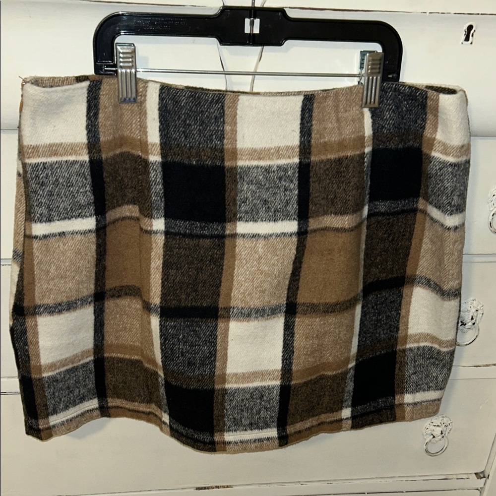 Plaid Wool Blend Skirt - Black, Brown, and Cream